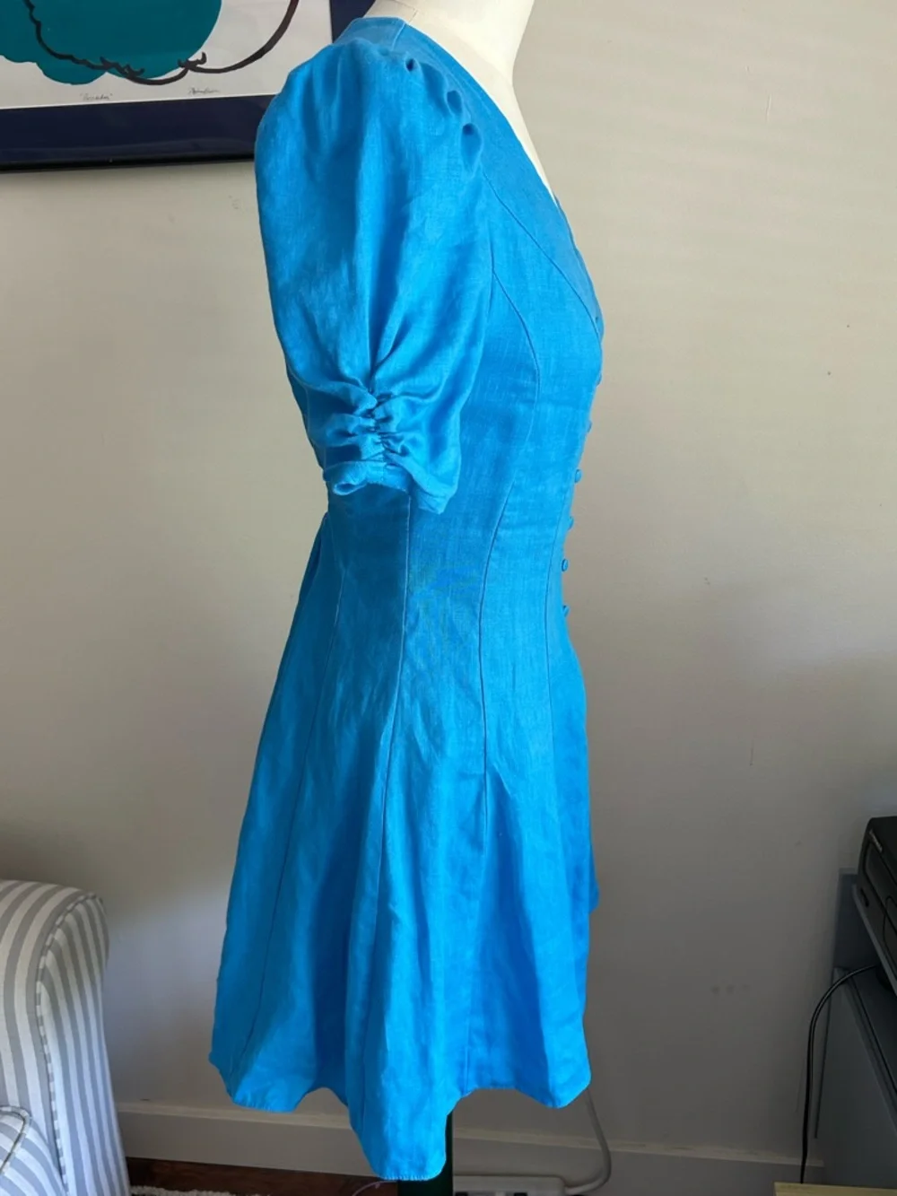 "Rowan Linen Tea Dress" with Button Front and Ruched Sleeves by Forever New - Picture 3 of 15